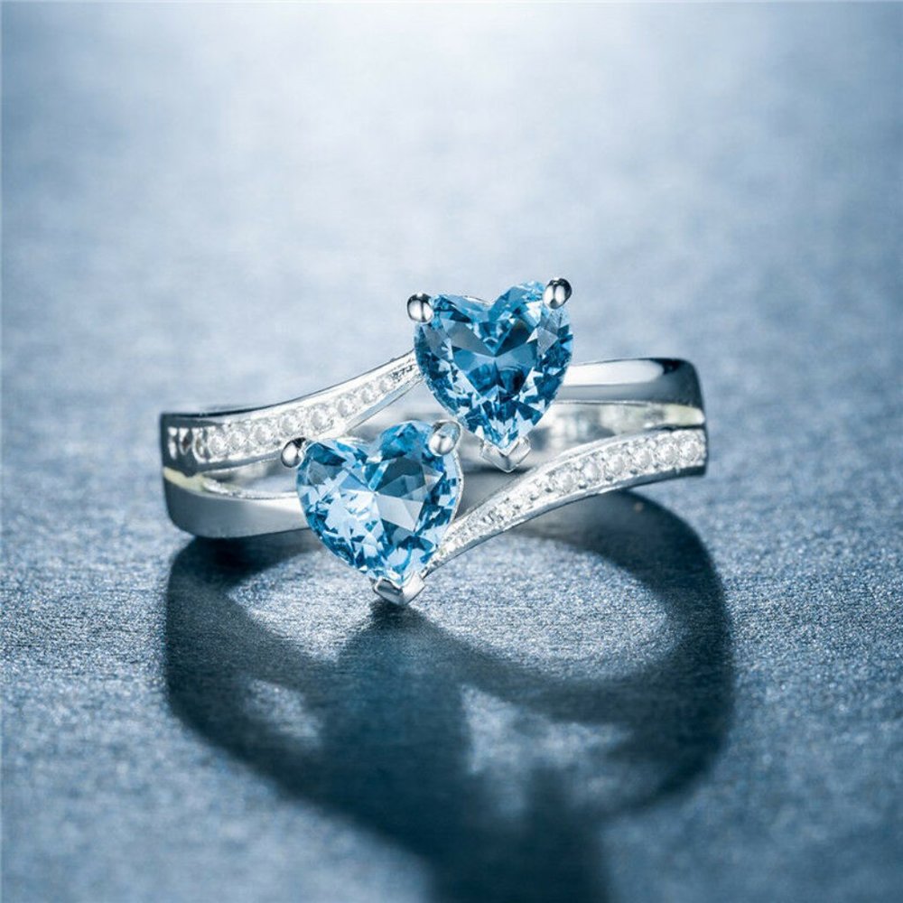 Romantic 925 Silver Heart Shape Aquamarine Ring - Picture 2 of 4